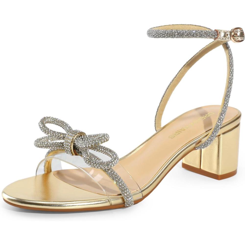 imageDREAM PAIRS Womens Double Bowknots Crystal Sandals Low Chunky Heels Clear Slingback Dress Shoes for Wedding Bridal PartyLight Gold