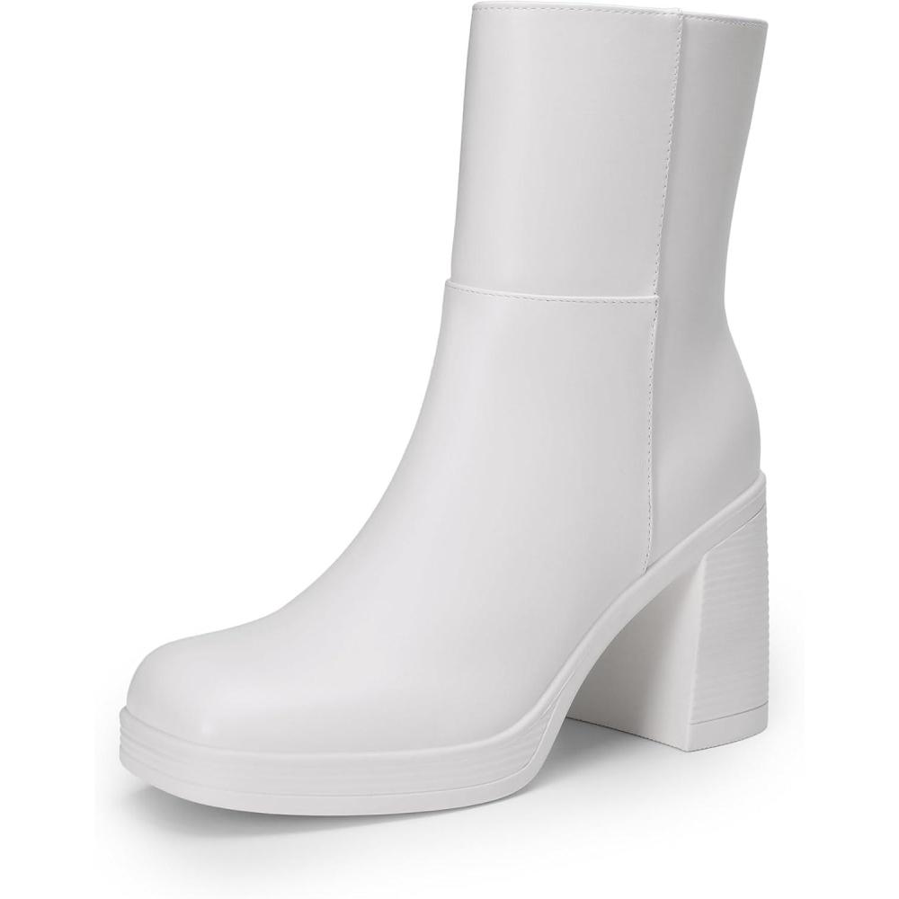 imageDREAM PAIRS Womens Platform Gogo Ankle Boots Chunky High Heels Square Toe Comfort Party Dress Side Zipper Booties Shoes for WomenWhite