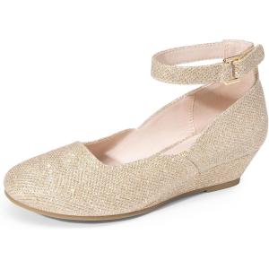 DREAM PAIRS Girls Dress Shoes Low Wedge Heels Ankle Strap Wedding Flower Party Pump for Toddler Little Big Kid(Gold)