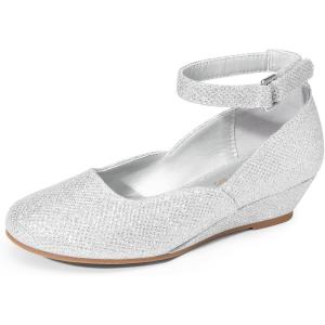 DREAM PAIRS Girls Dress Shoes Low Wedge Heels Ankle Strap Wedding Flower Party Pump for Toddler Little Big Kid(Silver)