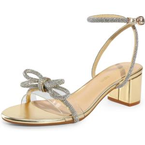 DREAM PAIRS Women’s Double Bowknots Crystal Sandals Low Chunky Heels Clear Slingback Dress Shoes for Wedding Bridal Party(Light Gold)