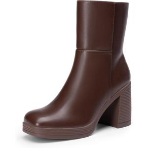 DREAM PAIRS Women’s Platform Gogo Ankle Boots Chunky High Heels Square Toe Comfort Party Dress Side Zipper Booties Shoes for Women(Brown)