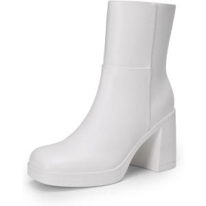 DREAM PAIRS Women’s Platform Gogo Ankle Boots Chunky High Heels Square Toe Comfort Party Dress Side Zipper Booties Shoes for Women(White)