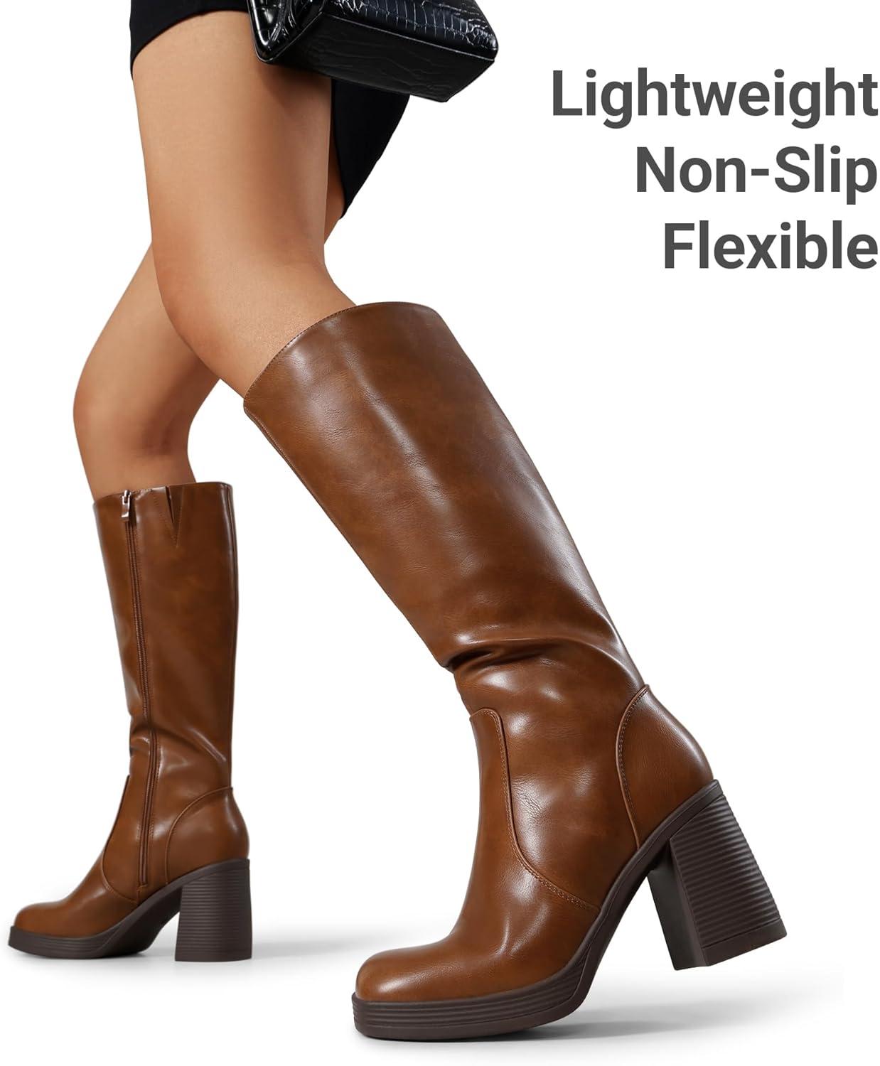 imageDREAM PAIRS Knee High Boots for Women Platform Square Toe Chunky Block Heeled Stylish Comfortable Tall Boots with Side ZipperLight Brown