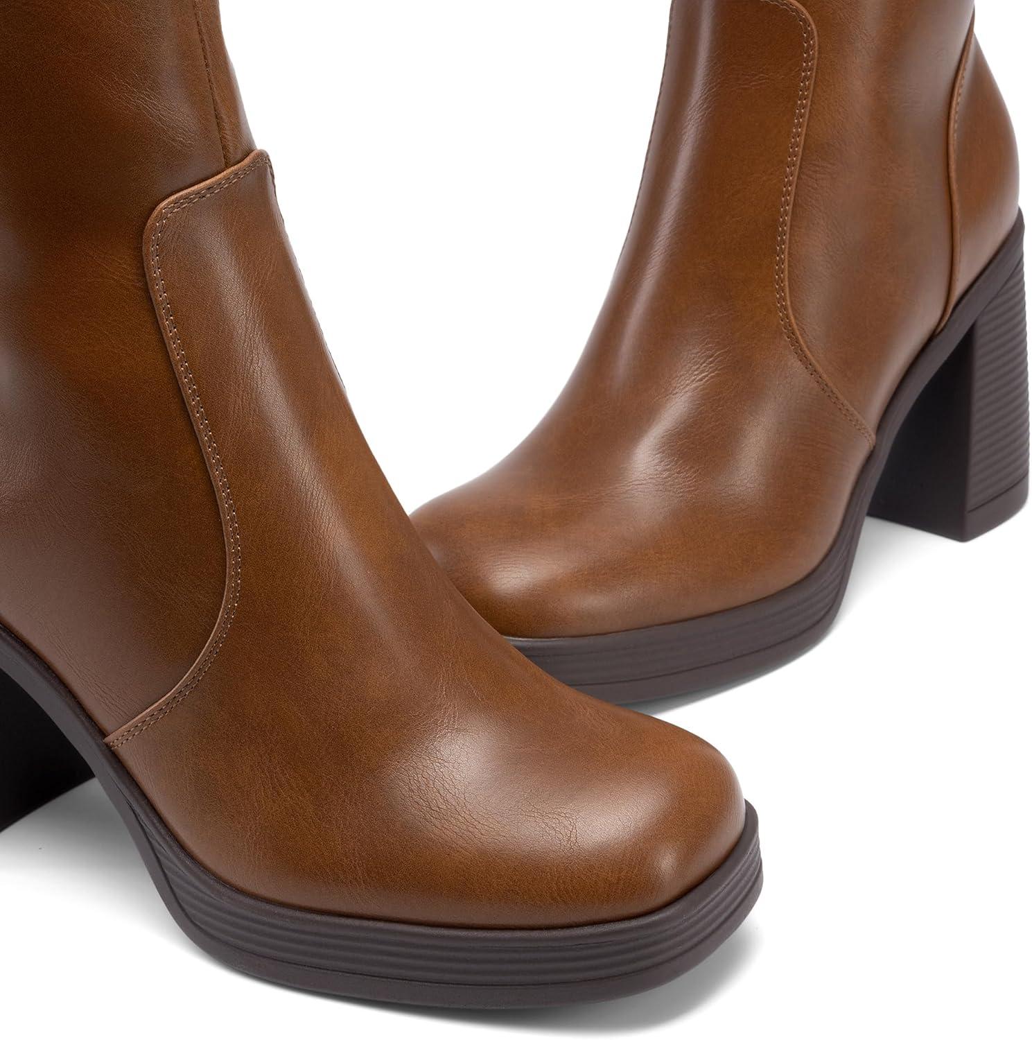imageDREAM PAIRS Knee High Boots for Women Platform Square Toe Chunky Block Heeled Stylish Comfortable Tall Boots with Side ZipperLight Brown