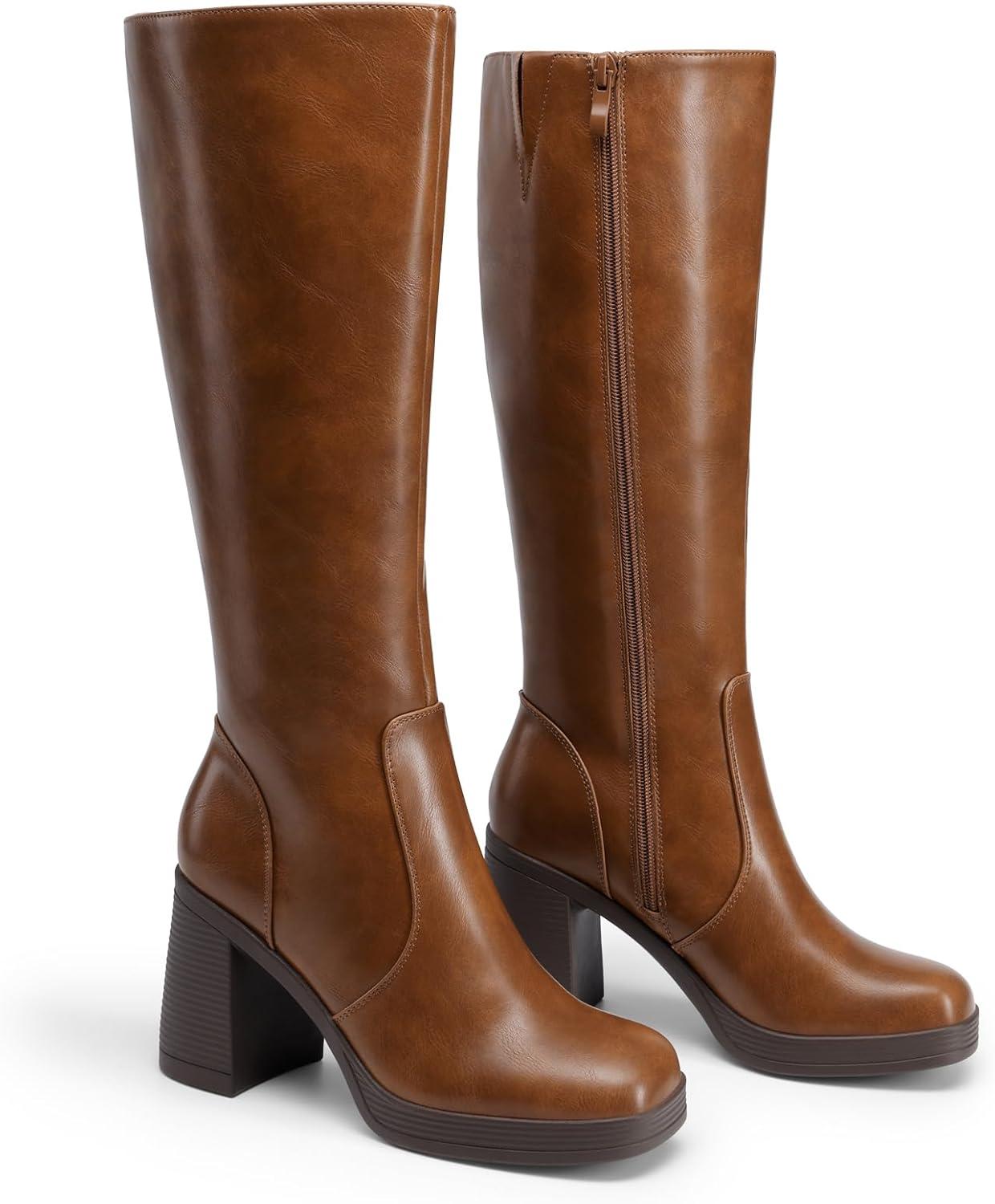 imageDREAM PAIRS Knee High Boots for Women Platform Square Toe Chunky Block Heeled Stylish Comfortable Tall Boots with Side ZipperLight Brown