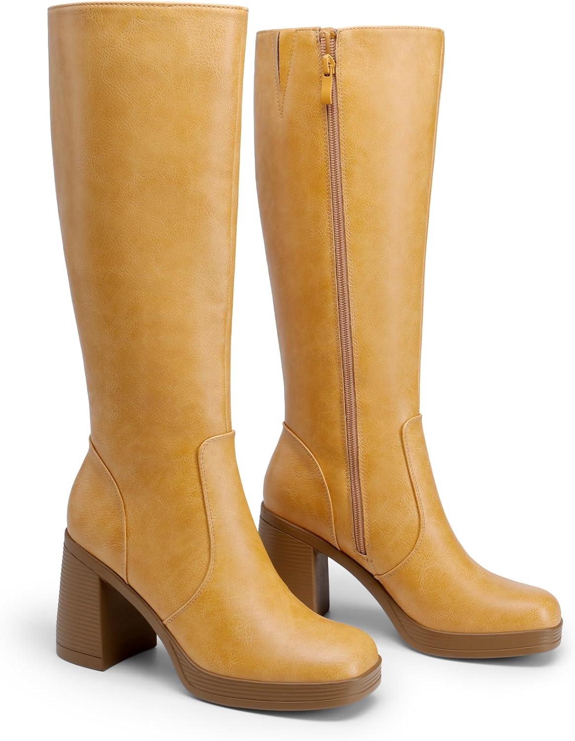 imageDREAM PAIRS Knee High Boots for Women Platform Square Toe Chunky Block Heeled Stylish Comfortable Tall Boots with Side ZipperYellow