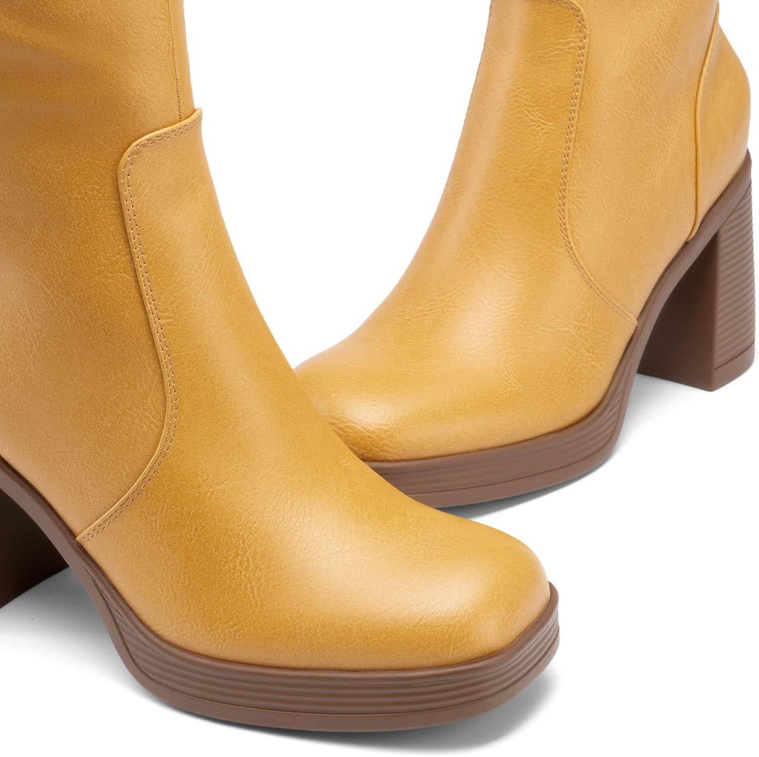 imageDREAM PAIRS Knee High Boots for Women Platform Square Toe Chunky Block Heeled Stylish Comfortable Tall Boots with Side ZipperYellow