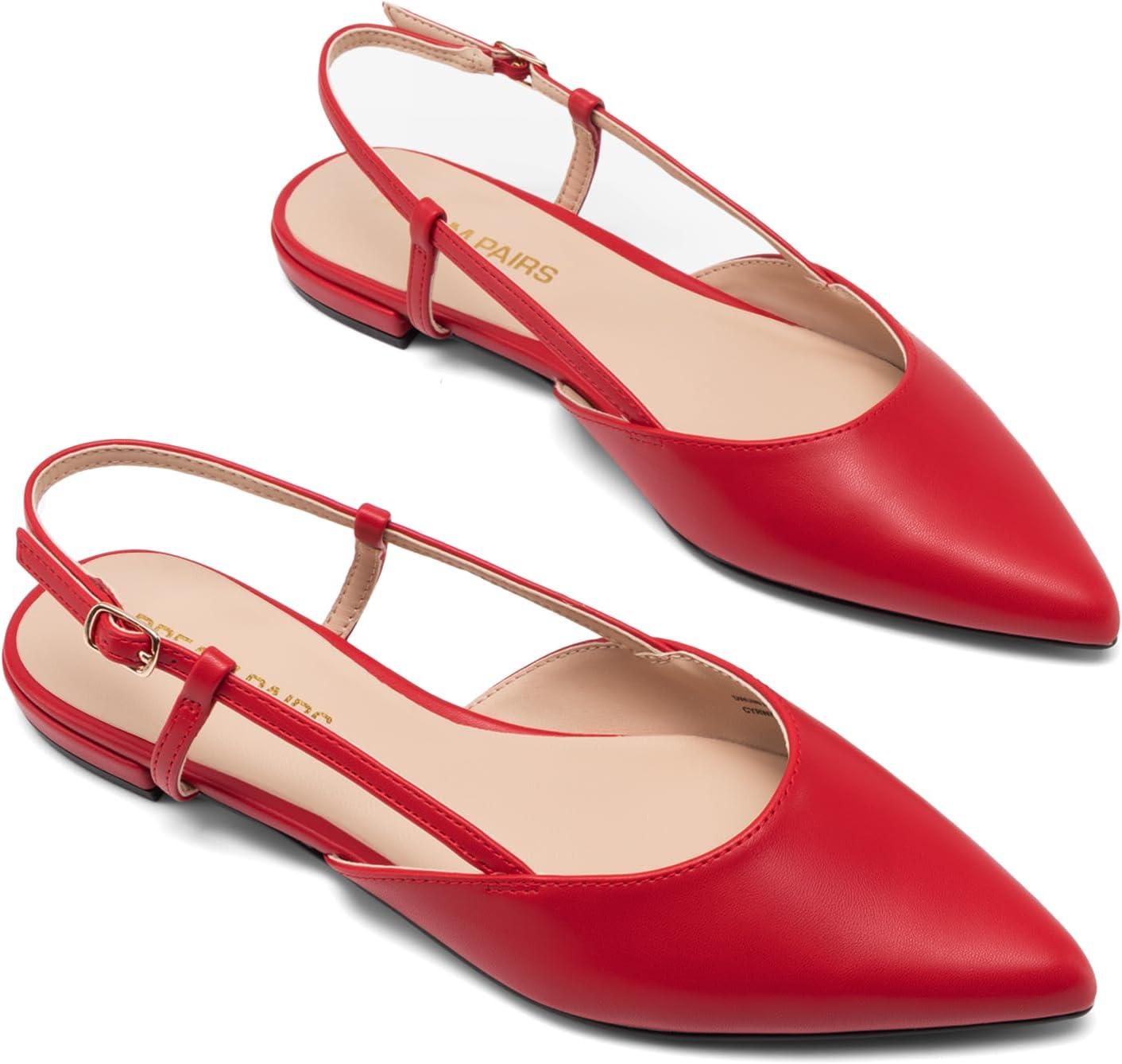 imageDREAM PAIRS Slingback Flats for Women PointedToe Elegant Womens Ballet Flats with Buckle Strap Classic Low Heel Dress Shoes for Casual Work Office PartyRed