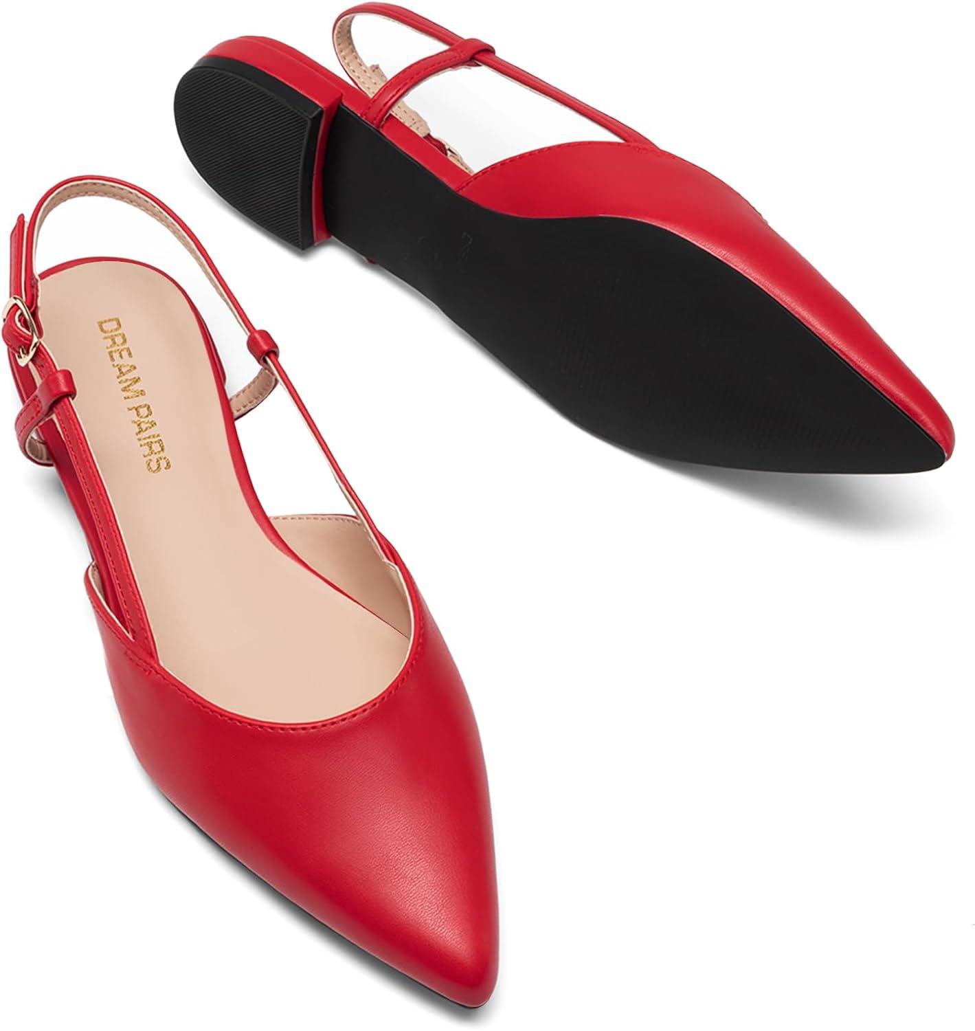 imageDREAM PAIRS Slingback Flats for Women PointedToe Elegant Womens Ballet Flats with Buckle Strap Classic Low Heel Dress Shoes for Casual Work Office PartyRed