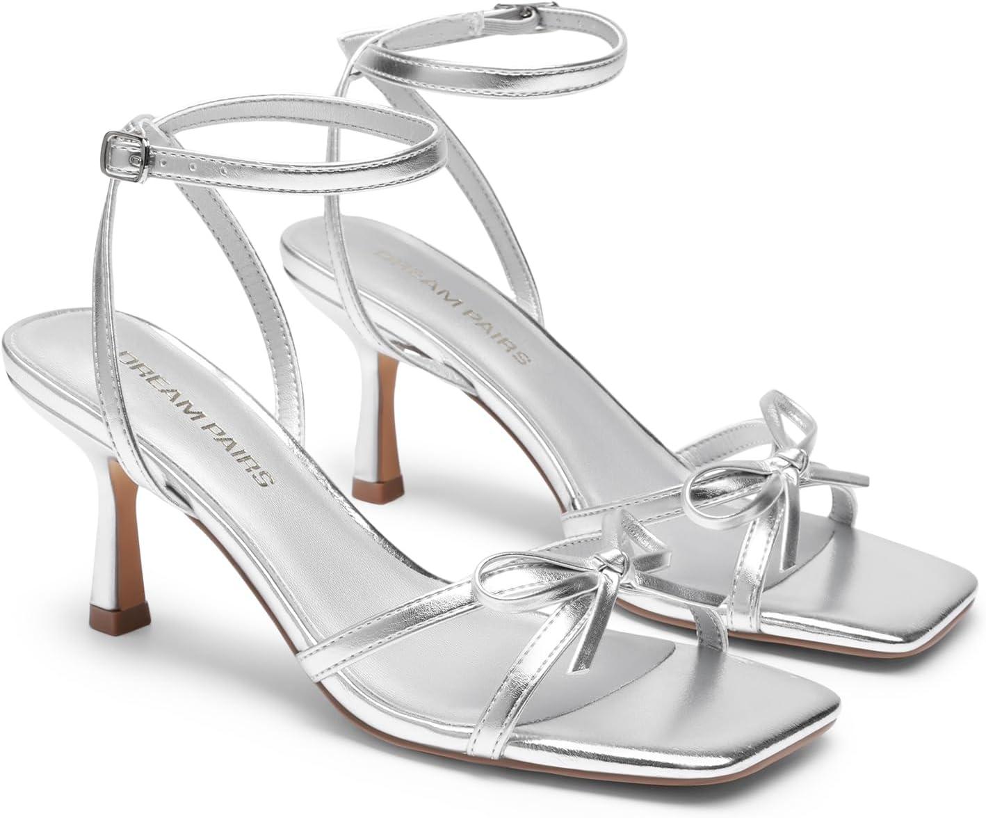 imageDREAM PAIRS Womens Bow Heels Kitten Heels for Women Square Toe Strappy Heeled Sandals Elegant Wedding amp Bridal Bownots Sandals for Formal amp Special OccasionsSilver
