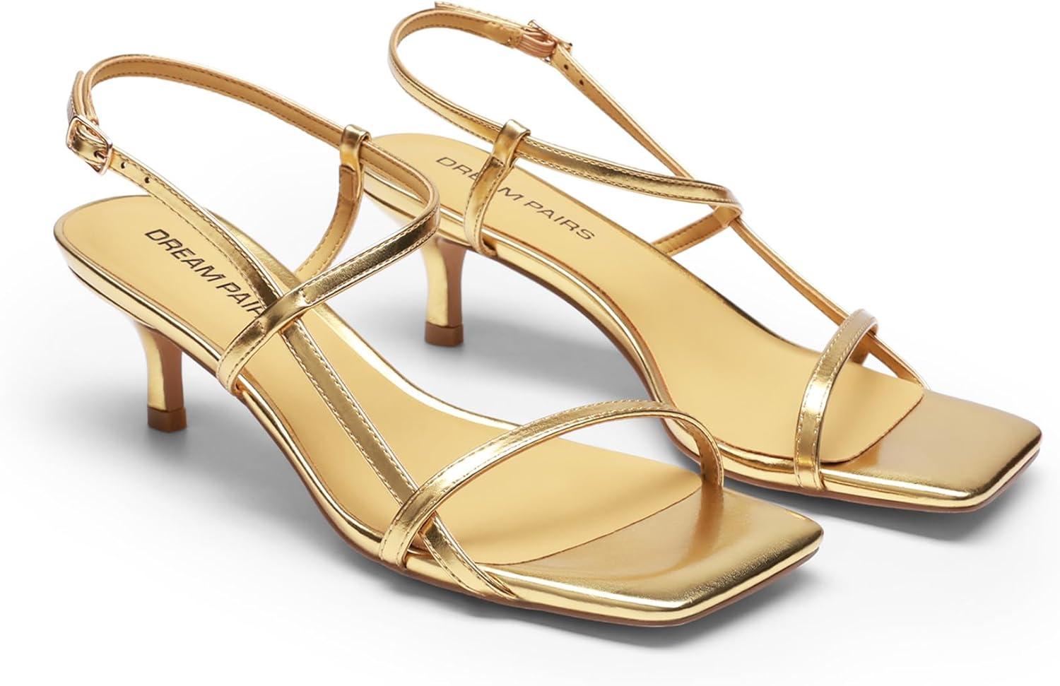 imageDREAM PAIRS Womens Low Kitten Heels Square Open Toe Ankle Strap Party Wedding Dressy Sandals ShoesGold