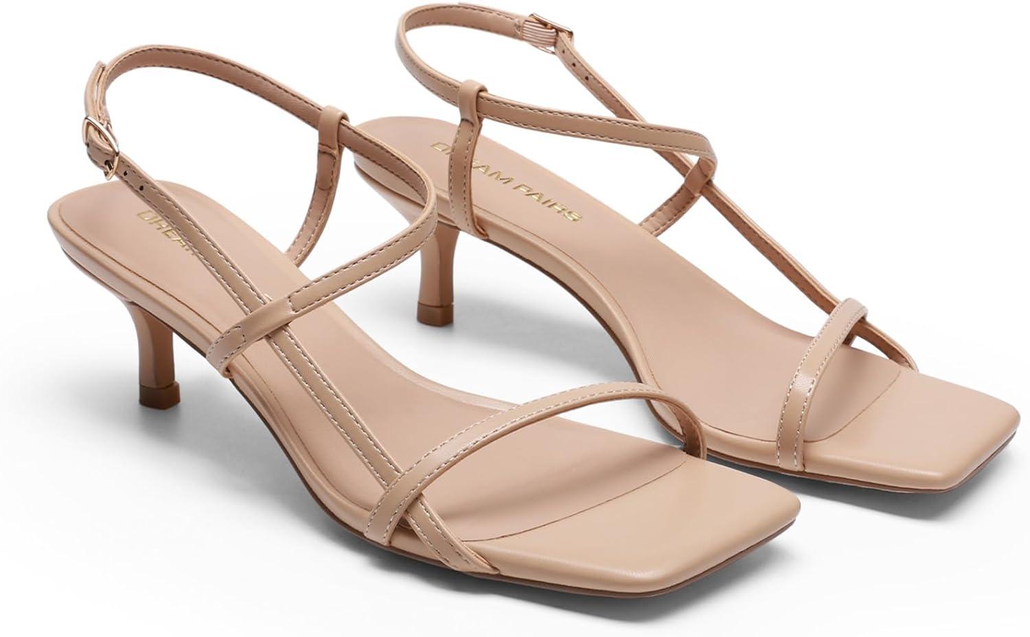 imageDREAM PAIRS Womens Low Kitten Heels Square Open Toe Ankle Strap Party Wedding Dressy Sandals ShoesNude