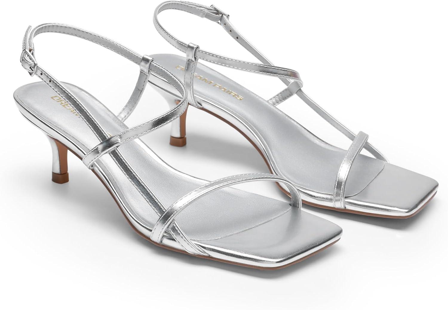 imageDREAM PAIRS Womens Low Kitten Heels Square Open Toe Ankle Strap Party Wedding Dressy Sandals ShoesSilver