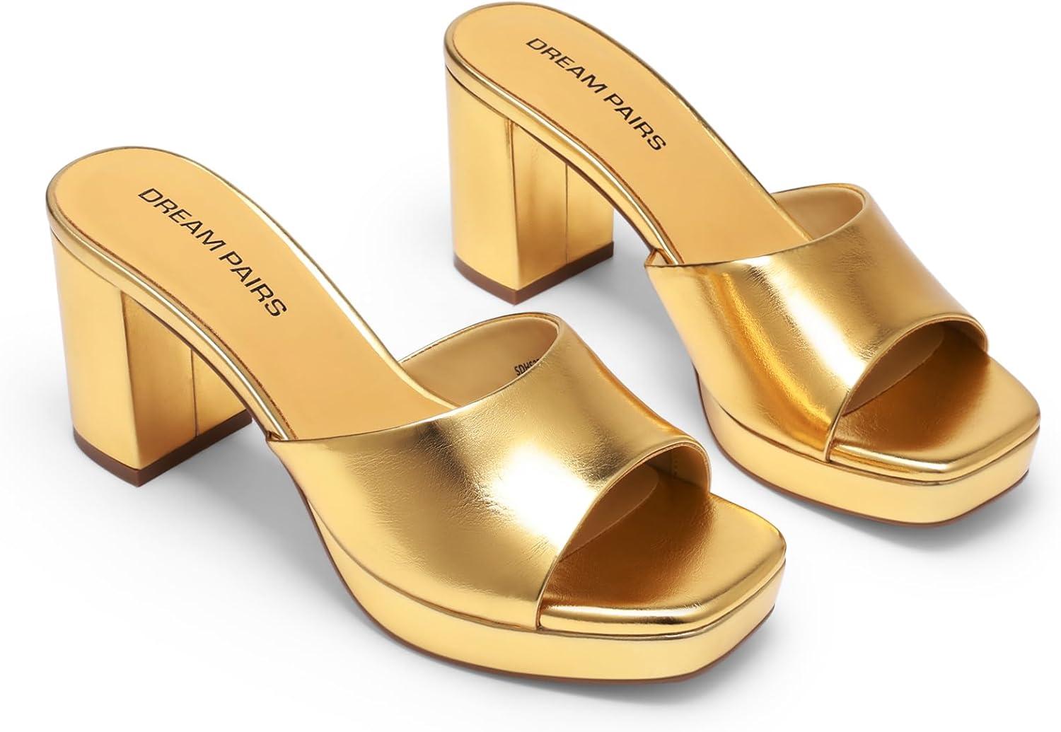 imageDREAM PAIRS Womens Platform Block Heel Mule Sandals Square Toe Ankle Strap Slip On Comfortable Heeled Sandals for Party Wedding ShoesGold