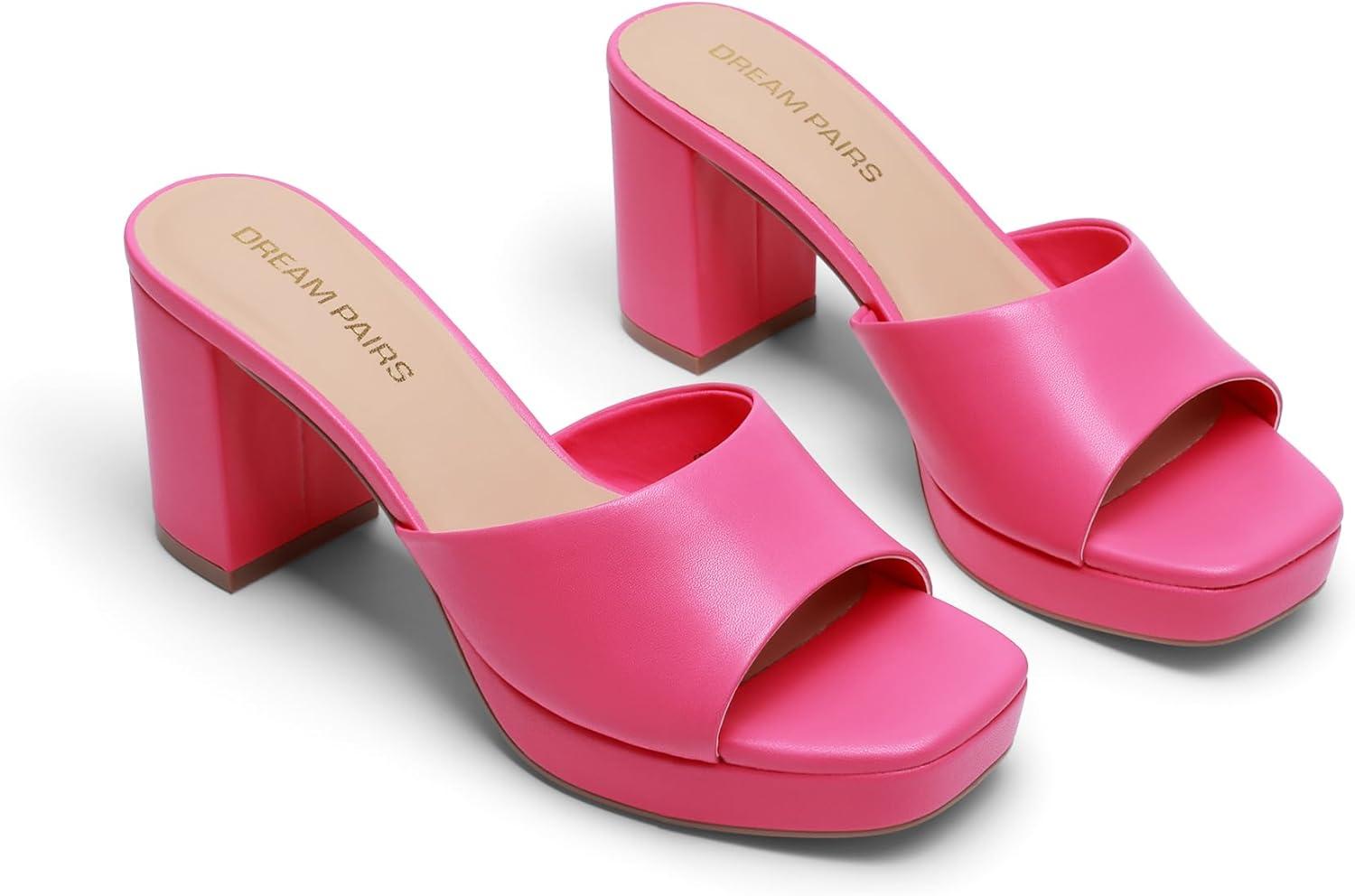 imageDREAM PAIRS Womens Platform Block Heel Mule Sandals Square Toe Ankle Strap Slip On Comfortable Heeled Sandals for Party Wedding ShoesHot Pink