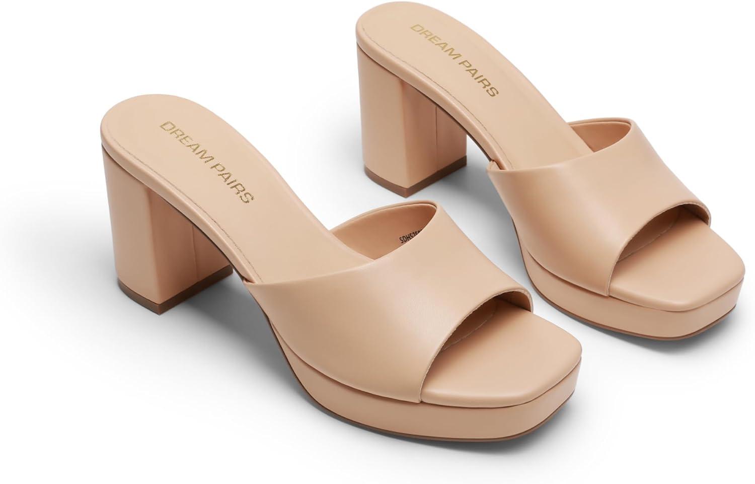 imageDREAM PAIRS Womens Platform Block Heel Mule Sandals Square Toe Ankle Strap Slip On Comfortable Heeled Sandals for Party Wedding ShoesNude