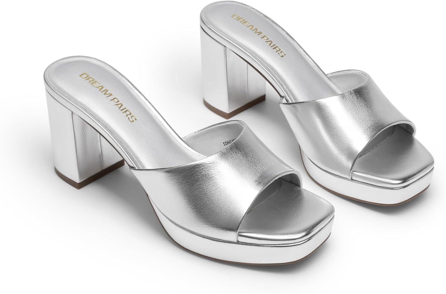 imageDREAM PAIRS Womens Platform Block Heel Mule Sandals Square Toe Ankle Strap Slip On Comfortable Heeled Sandals for Party Wedding ShoesSilver