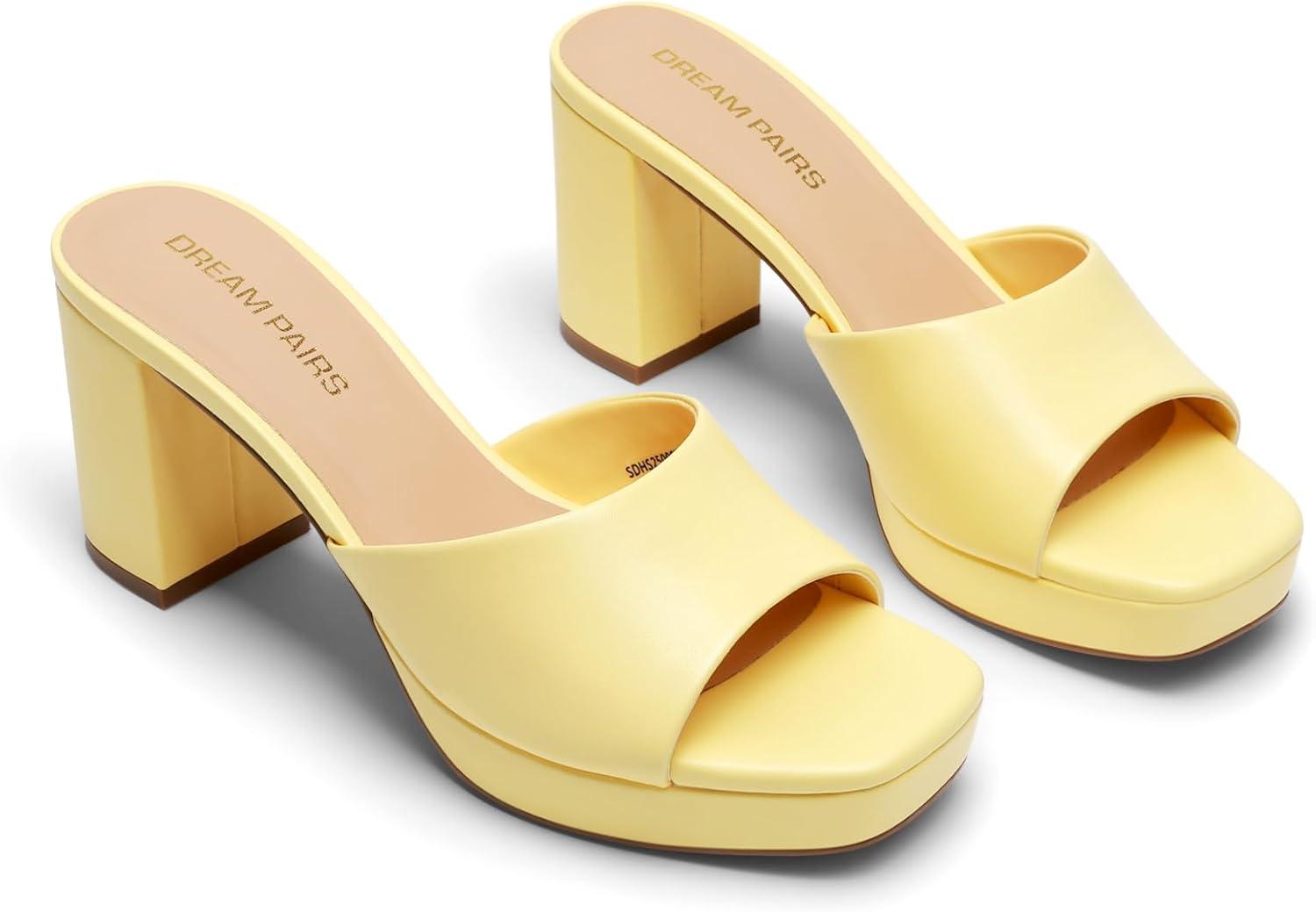 imageDREAM PAIRS Womens Platform Block Heel Mule Sandals Square Toe Ankle Strap Slip On Comfortable Heeled Sandals for Party Wedding ShoesYellow