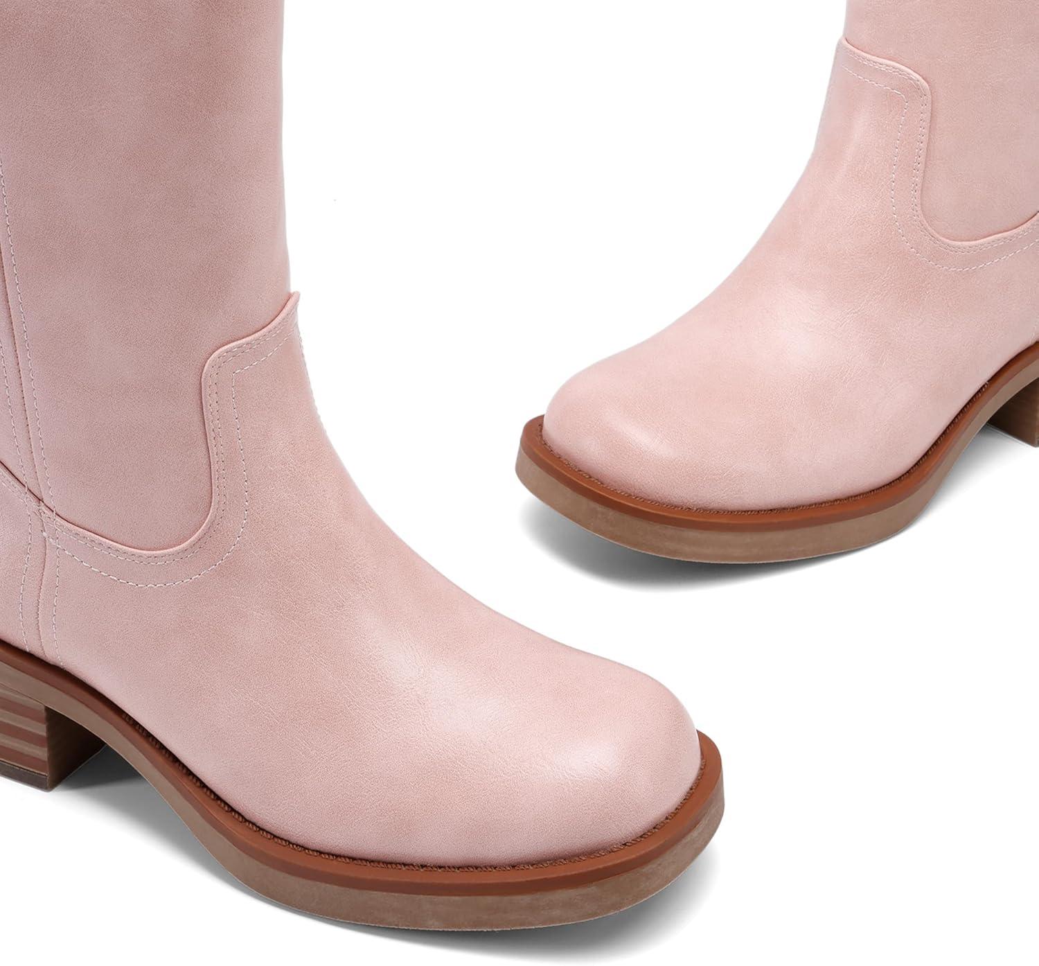 imageDREAM PAIRS Womens Square Toe Platform Chunky Block Heel Knee High Riding BootsPink