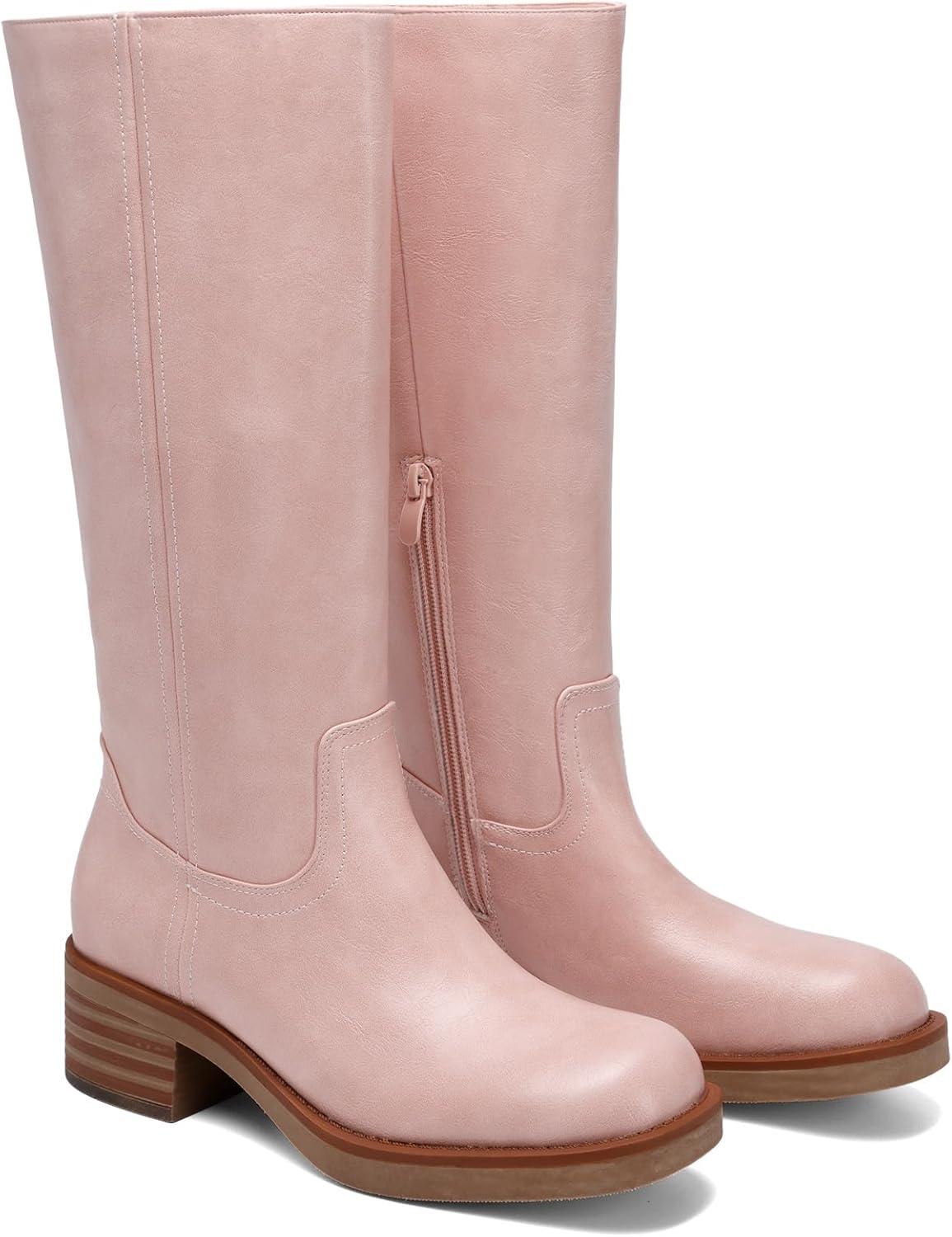 imageDREAM PAIRS Womens Square Toe Platform Chunky Block Heel Knee High Riding BootsPink