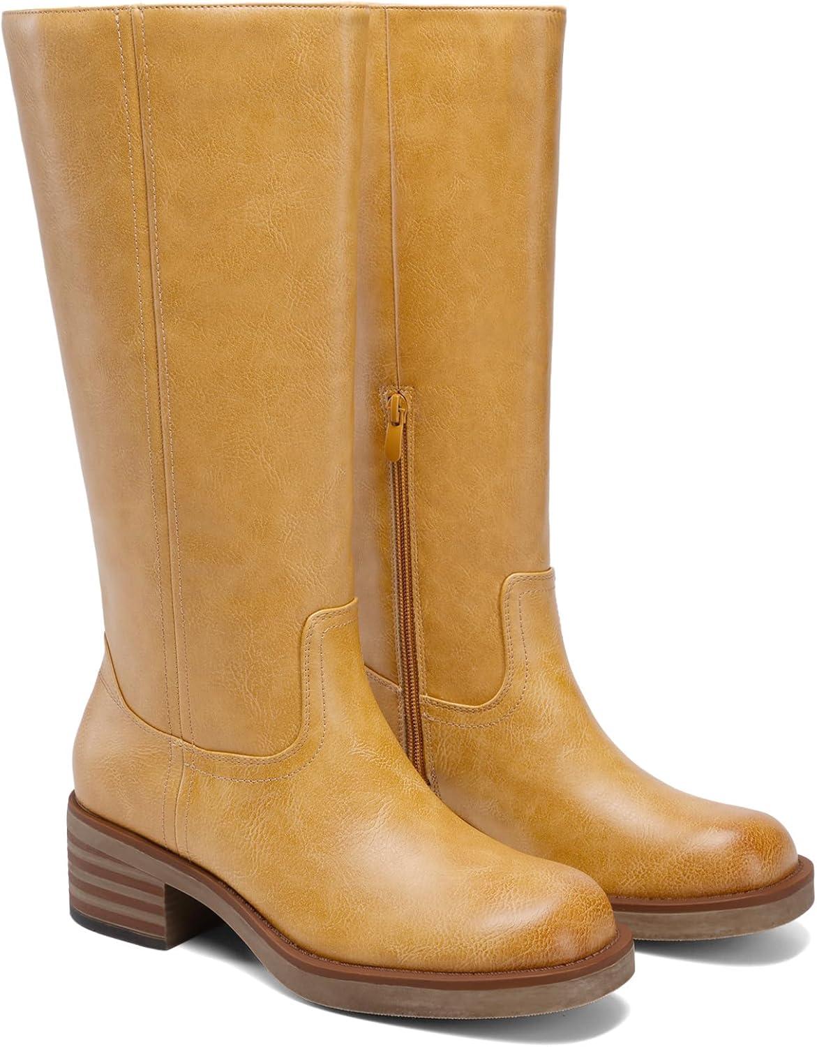 imageDREAM PAIRS Womens Square Toe Platform Chunky Block Heel Knee High Riding BootsYellow