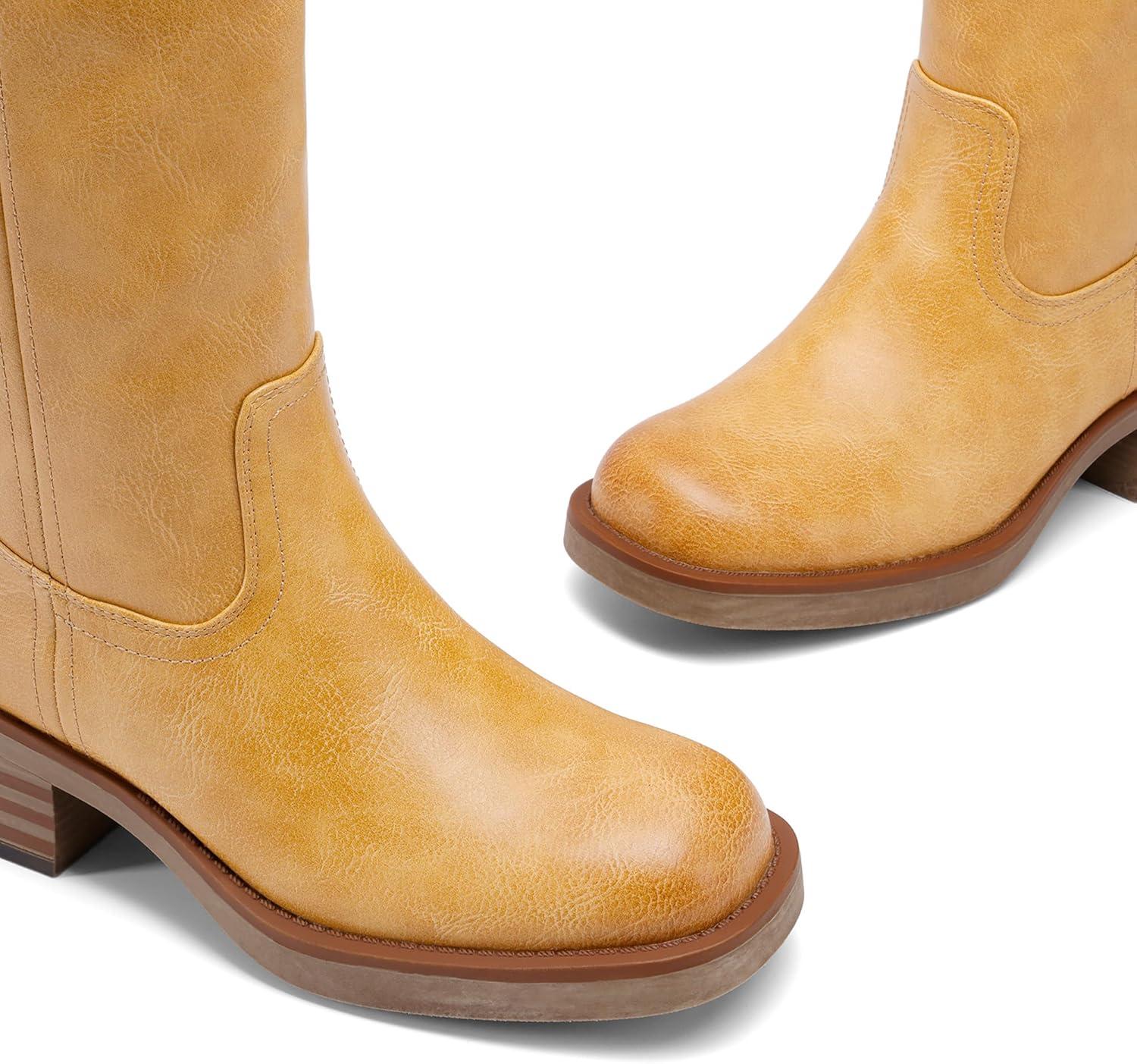 imageDREAM PAIRS Womens Square Toe Platform Chunky Block Heel Knee High Riding BootsYellow