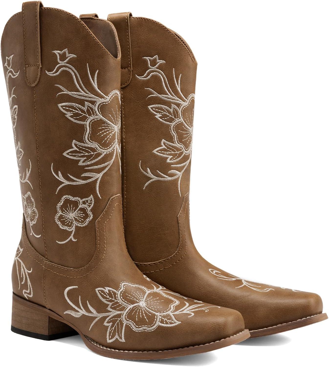 imageDREAM PAIRS Womens Western Cowboy Boots Square Toe Embroidered Mid Calf Boots Western Chunky Low Heel for Country Music Festivals Theme Party and ConcertTan