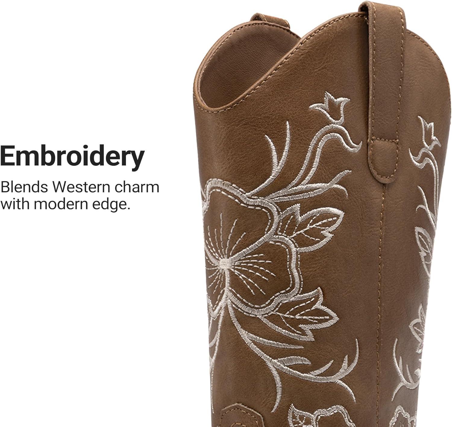 imageDREAM PAIRS Womens Western Cowboy Boots Square Toe Embroidered Mid Calf Boots Western Chunky Low Heel for Country Music Festivals Theme Party and ConcertTan