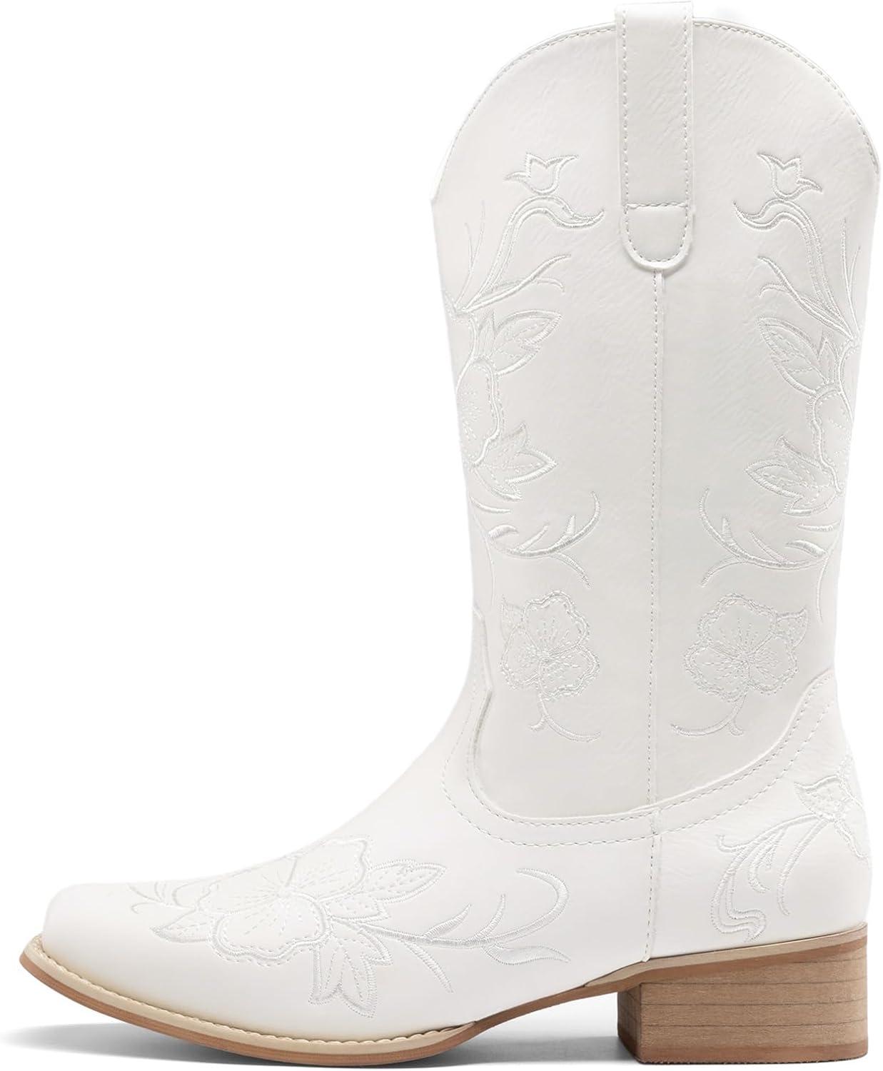 imageDREAM PAIRS Womens Western Cowboy Boots Square Toe Embroidered Mid Calf Boots Western Chunky Low Heel for Country Music Festivals Theme Party and ConcertWhite