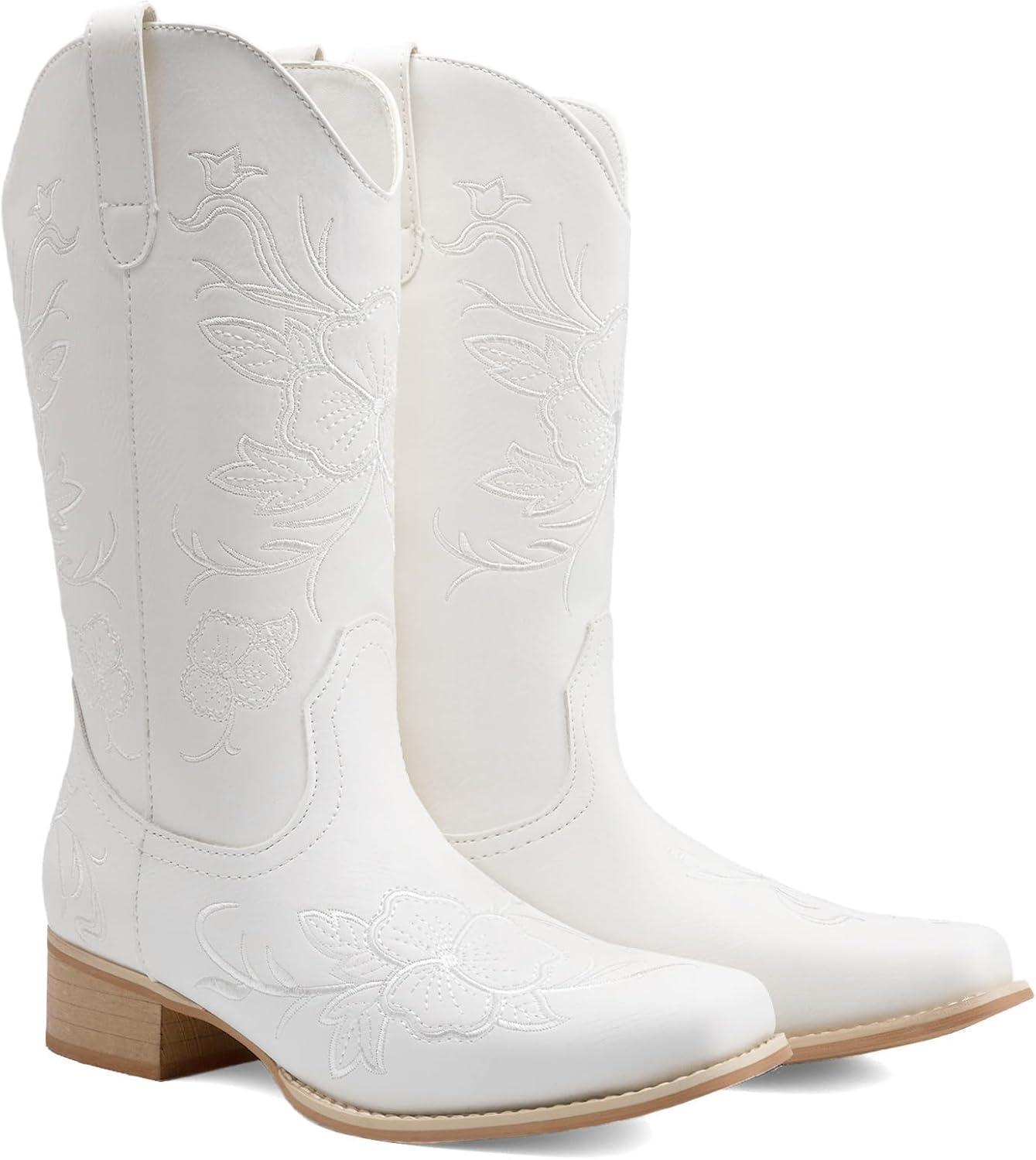 imageDREAM PAIRS Womens Western Cowboy Boots Square Toe Embroidered Mid Calf Boots Western Chunky Low Heel for Country Music Festivals Theme Party and ConcertWhite