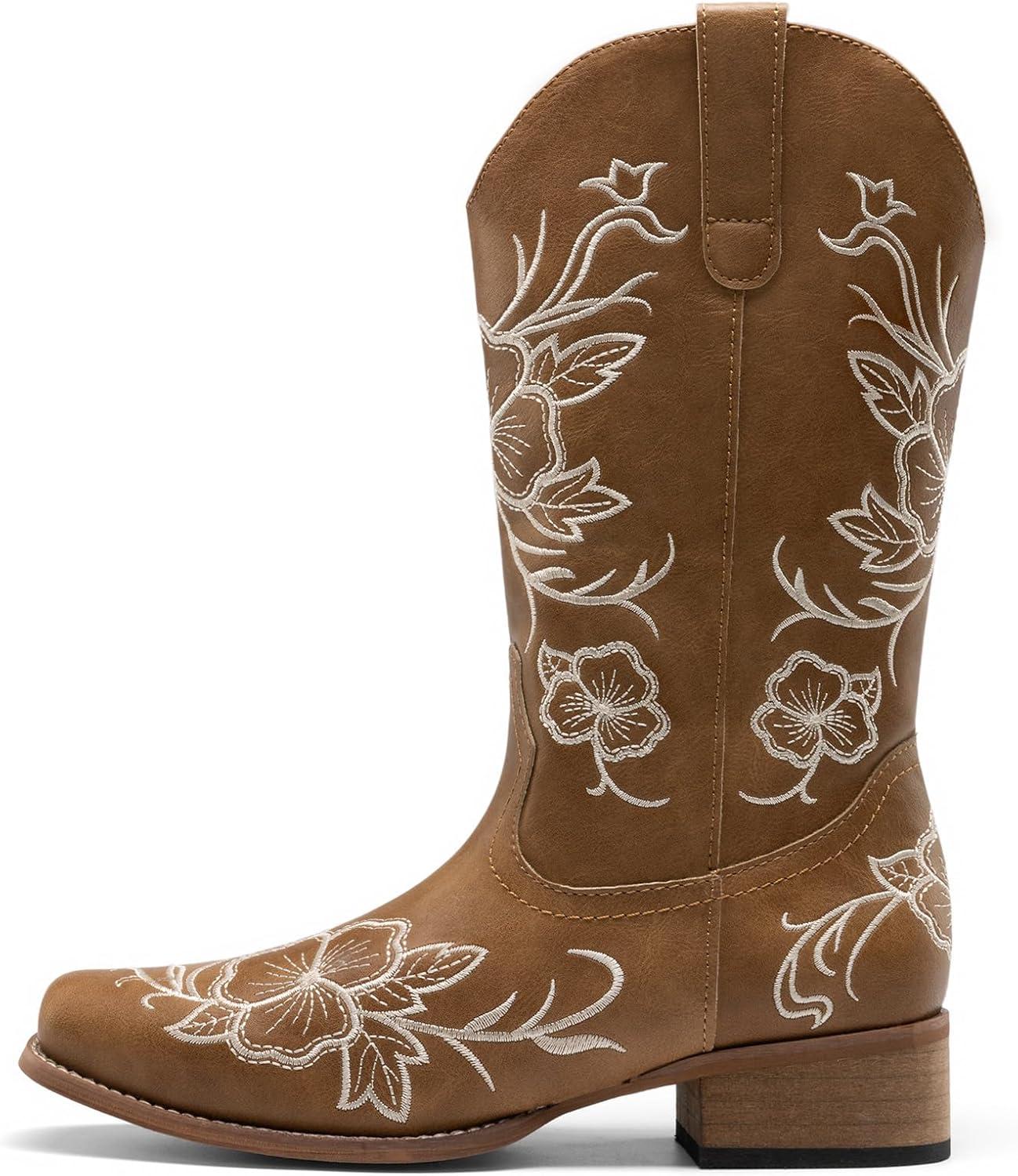 imageDREAM PAIRS Womens Western Cowboy Boots Square Toe Embroidered Mid Calf Boots Western Chunky Low Heel for Country Music Festivals Theme Party and ConcertTan