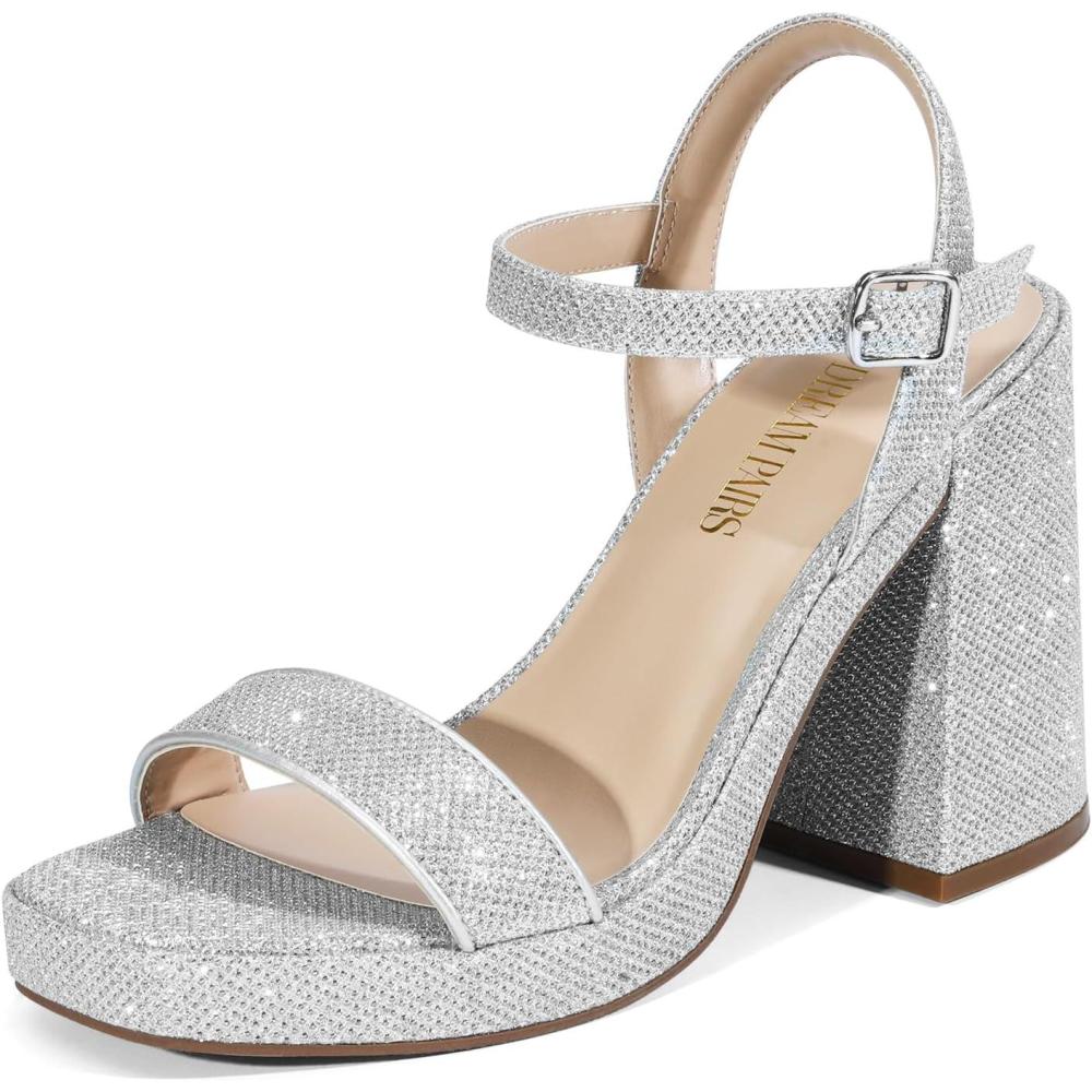 imageDREAM PAIRS Heels for Women Block Chunky Platform High Heels Open Toe Fashion Wedding Party Evening Prom Dance Ankle Strap Dress Pump Sandals ShoesSilverglitter