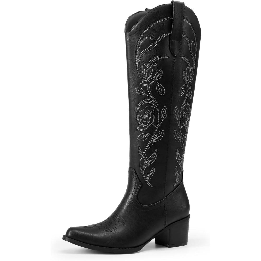 imageDREAM PAIRS Womens Cowboy Boots Western Comfortable Chunky Heel Square Toe Embroidered Cowgirl Knee High BootsBlack