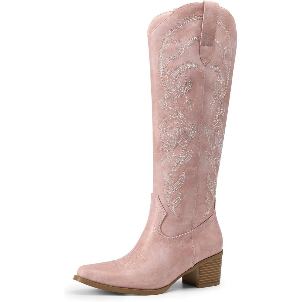 imageDREAM PAIRS Womens Cowboy Boots Western Comfortable Chunky Heel Square Toe Embroidered Cowgirl Knee High BootsLight Pink