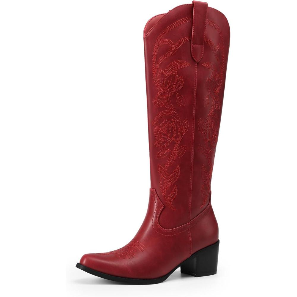 imageDREAM PAIRS Womens Cowboy Boots Western Comfortable Chunky Heel Square Toe Embroidered Cowgirl Knee High BootsRed