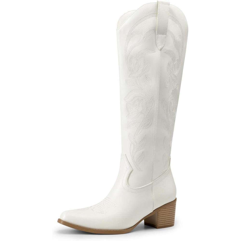imageDREAM PAIRS Womens Cowboy Boots Western Comfortable Chunky Heel Square Toe Embroidered Cowgirl Knee High BootsWhite
