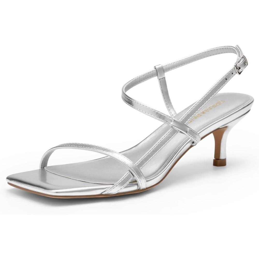 imageDREAM PAIRS Womens Low Kitten Heels Square Open Toe Ankle Strap Party Wedding Dressy Sandals ShoesSilver