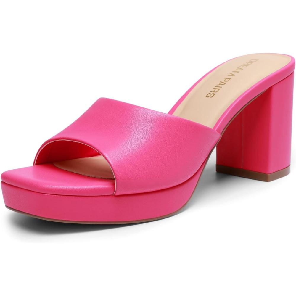 imageDREAM PAIRS Womens Platform Block Heel Mule Sandals Square Toe Ankle Strap Slip On Comfortable Heeled Sandals for Party Wedding ShoesHot Pink