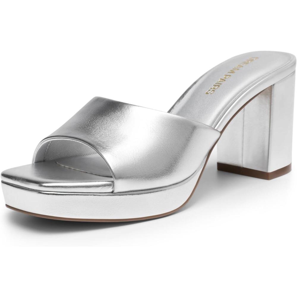 imageDREAM PAIRS Womens Platform Block Heel Mule Sandals Square Toe Ankle Strap Slip On Comfortable Heeled Sandals for Party Wedding ShoesSilver