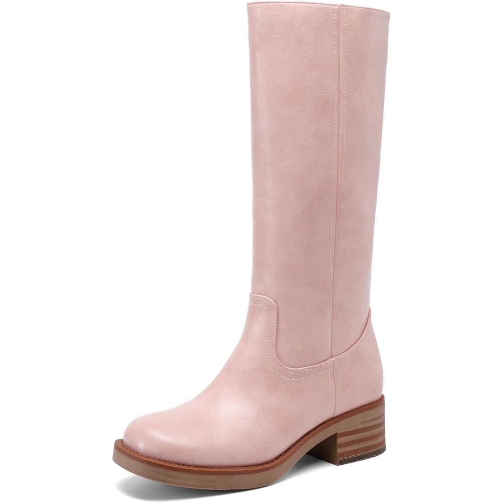 imageDREAM PAIRS Womens Square Toe Platform Chunky Block Heel Knee High Riding BootsPink