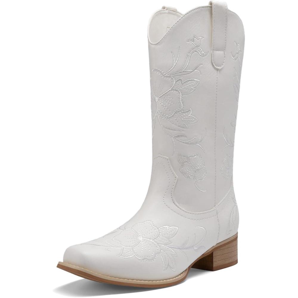 imageDREAM PAIRS Womens Western Cowboy Boots Square Toe Embroidered Mid Calf Boots Western Chunky Low Heel for Country Music Festivals Theme Party and ConcertWhite