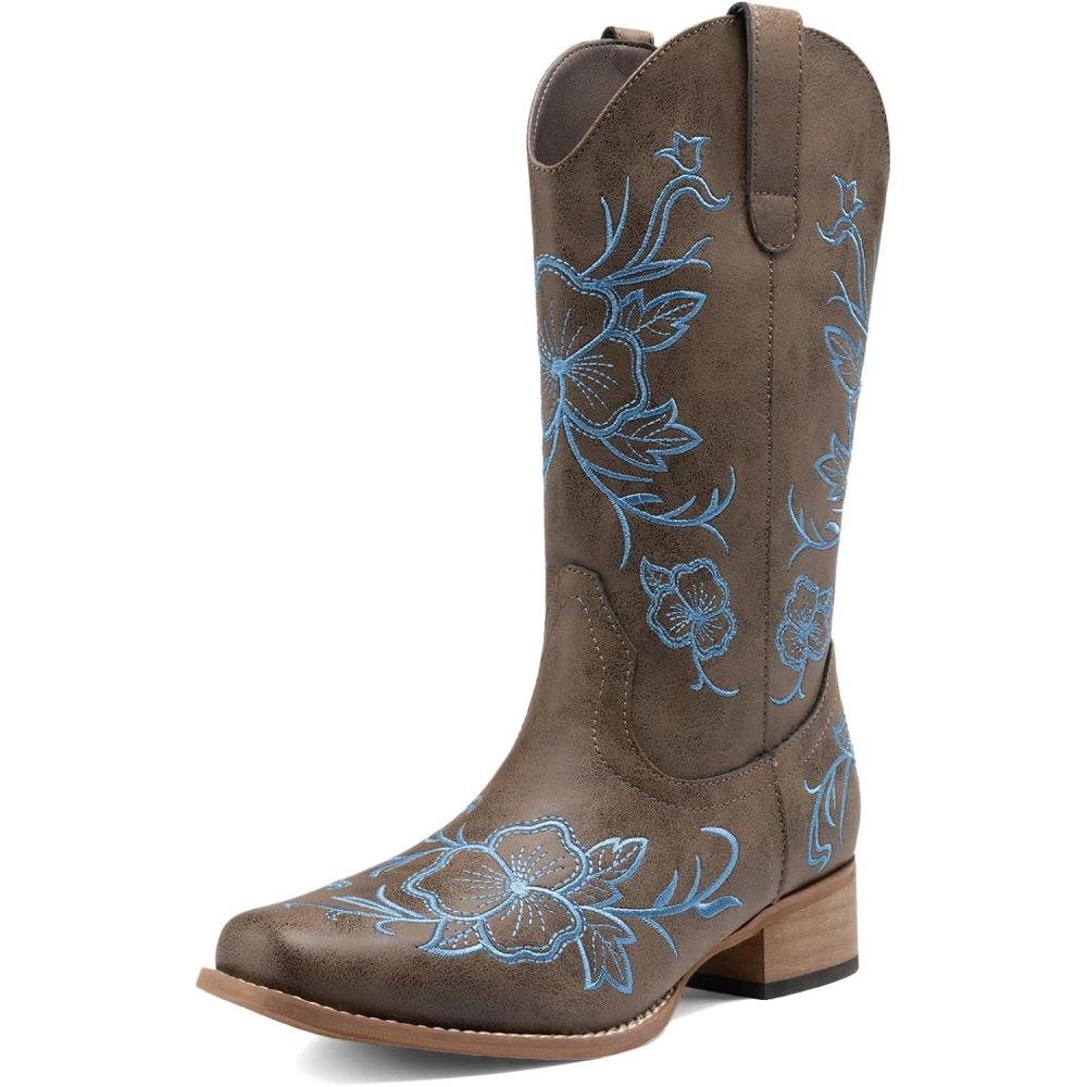 imageDREAM PAIRS Womens Western Cowboy Boots Square Toe Embroidered Mid Calf Boots Western Chunky Low Heel for Country Music Festivals Theme Party and ConcertDark Brown