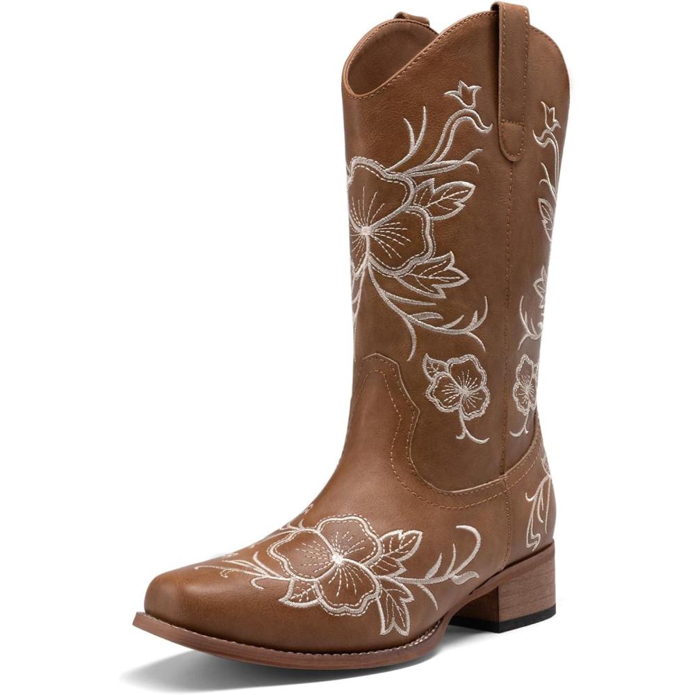 imageDREAM PAIRS Womens Western Cowboy Boots Square Toe Embroidered Mid Calf Boots Western Chunky Low Heel for Country Music Festivals Theme Party and ConcertTan