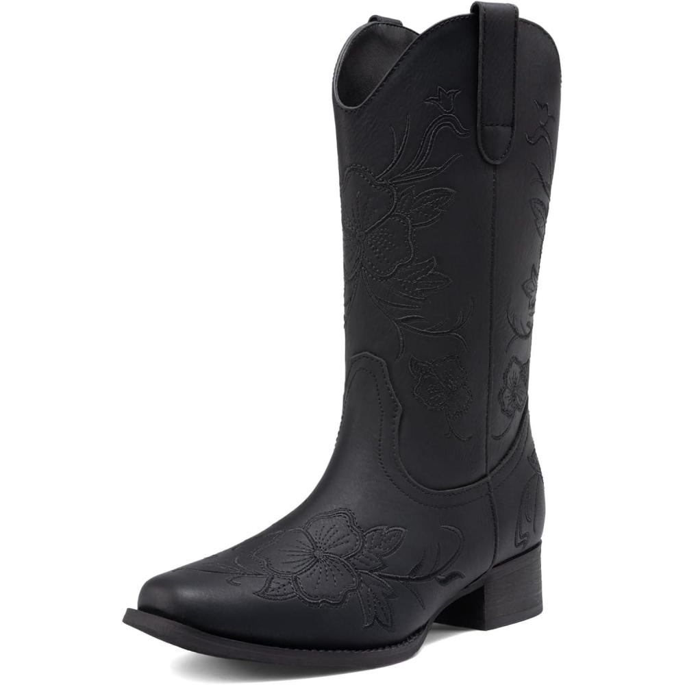 imageDREAM PAIRS Womens Western Cowboy Boots Square Toe Embroidered Mid Calf Boots Western Chunky Low Heel for Country Music Festivals Theme Party and ConcertAll Black