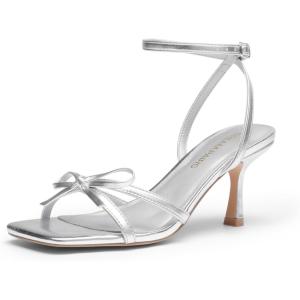 DREAM PAIRS Women’s Bow Heels -Kitten Heels for Women, Square Toe Strappy Heeled Sandals, Elegant Wedding & Bridal Bownots Sandals for Formal & Special Occasions(Silver)