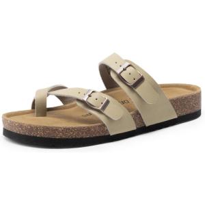 DREAM PAIRS Women’s Comfortable Cork Sandals Suede Leather Insole Slides Arch Support Walking Sandals(Beige)
