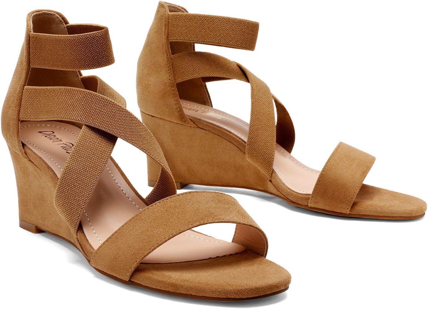imageDREAM PAIRS Womens Elastic Ankle Strap Low Wedge Sandals Comfortable Dressy Heels for Summer Formal and Special OccasionsCamel