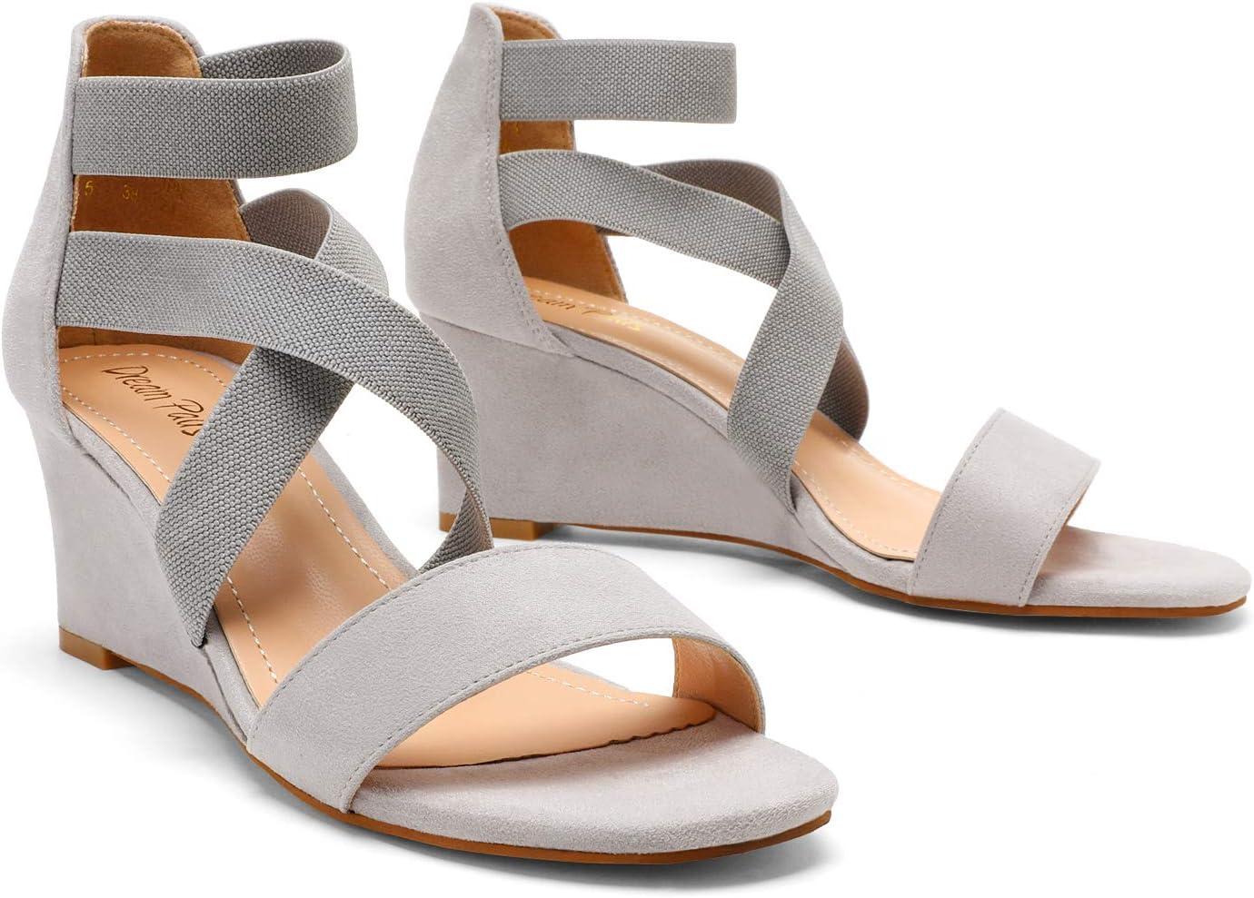 imageDREAM PAIRS Womens Elastic Ankle Strap Low Wedge Sandals Comfortable Dressy Heels for Summer Formal and Special OccasionsGrey