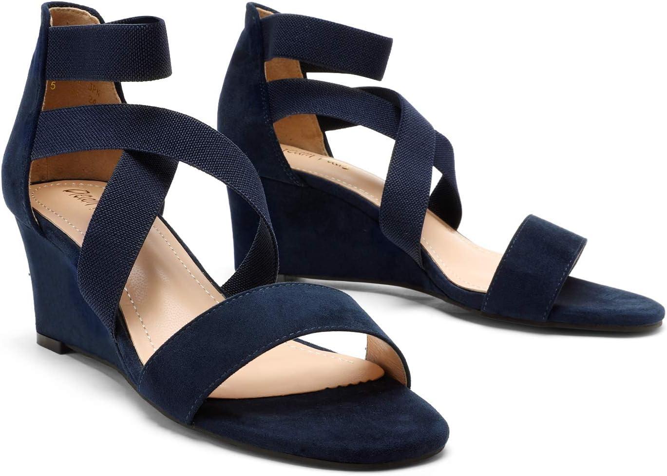 imageDREAM PAIRS Womens Elastic Ankle Strap Low Wedge Sandals Comfortable Dressy Heels for Summer Formal and Special OccasionsNavy